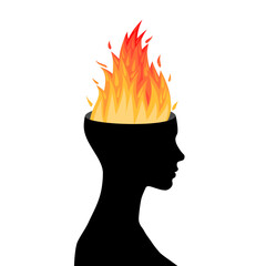 Głowa z płonącym w środku ogniem. Gniew, złość, silne emocje, furia, irytacja, atak paniki. Wektorowa ilustracja psychologiczna. 