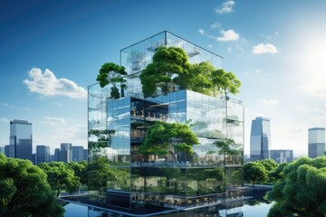 Obraz na płótnie Canvas Modern environmentally friendly building. Sustainable glass office with wood to reduce carbon footprint. Office surrounded by greenery. Corporate buildings reduce CO2 emissions. ai generative