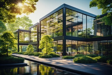 Modern environmentally friendly building. Sustainable glass office with wood to reduce carbon footprint. Office surrounded by greenery. Corporate buildings reduce CO2 emissions. ai generative