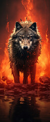 A beautiful image of a wolf with a red light. Dramatic tone.AI generated image.