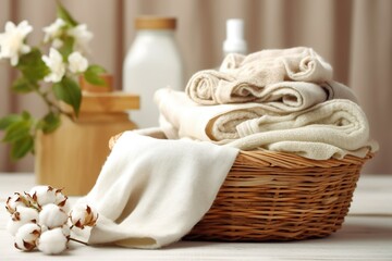Fototapeta na wymiar wicker basket with clean cotton linen. Laundry.