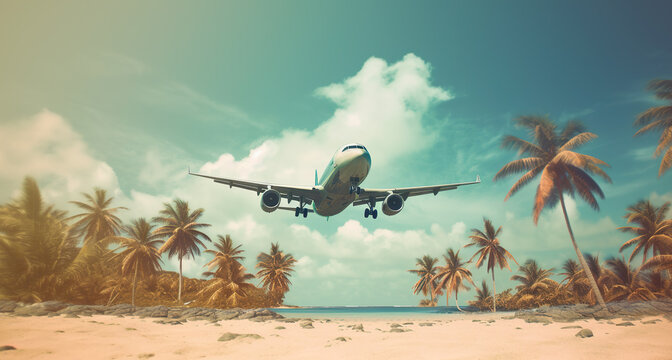 plane is flying over palm trees on a tropical island. The concept of vacation, rest.