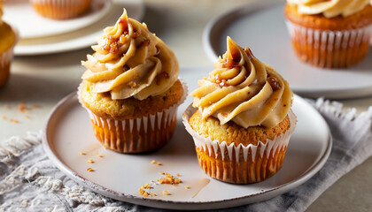 Homemade butterscotch cupcakes with caramel syrup and cream cheese frosting
