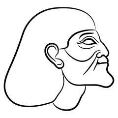 Head of an Asian man. Portrait of a bearded Semite. Ancient Egyptian ethnic design. Black and white linear silhouette.