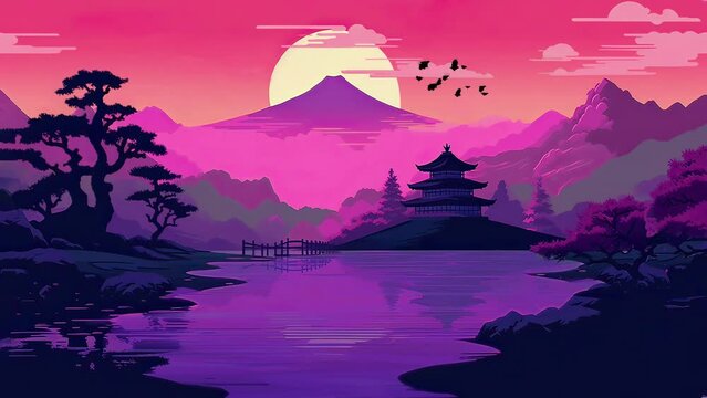 Cherry blossoms Landscape aesthetic Mount Fuji sunset and leaves falling, a small Japanese temple in the midst of nature beautiful rivers illustration, seamless loop. 