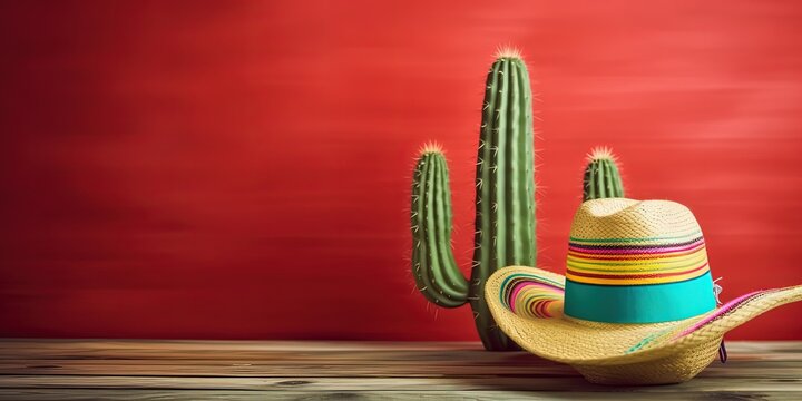 Mexican party concept with cactus and sombrero hat on wooden table over green background. ai generative