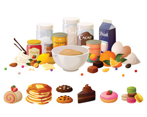 Cute vector illustration of various home made pantry baking ingredients and pastries, cookies and pancakes.