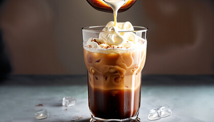 Iced coffee in a tall glass with cream poured over