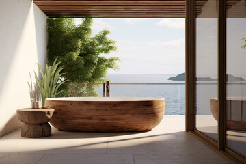 Modern minimal outdoor bathroom terrace with beige cozy tone style and sea view outside, decorate with wooden decor, bathtub, sink, towels, and brown tone background, with Generative Ai.