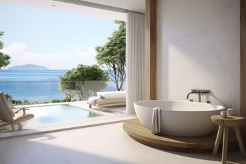 Obraz na płótnie Canvas Modern minimal outdoor bathroom terrace with beige cozy tone style and sea view outside, decorate with wooden decor, bathtub, sink, towels, and brown tone background, with Generative Ai.
