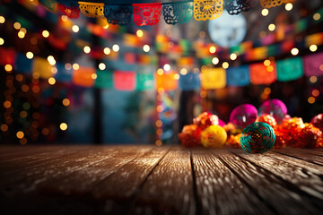 Empty table with Mexican fiesta decorations with out of focus background