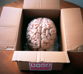The order arrived, a new brain in the box. Conceptual image related to the human brain.