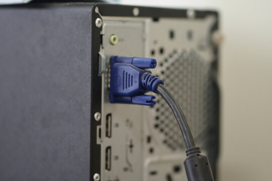 Blue VGA (Video Graphics Array) connector and cable used to transfer analog signal. This cable is often used to connect between the computer and monitor.
