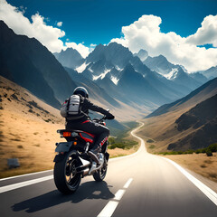 Motorcycle, mountain on road for travel adventure, freedom and enjoying . Love, travelling mockup and man ride on motorbike for holiday, vacation and journey. man traveling on a motorcycle.