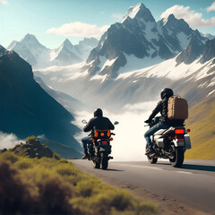 Motorcycle, mountain on road for travel , enjoying weekend. Love, travelling mockup and man and friend ride on motorbike for holiday, vacation and journey. man and friend traveling on a motorcycle.