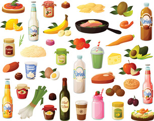 Cute vector illustration of various grocery list items of healthy organic gourmet food.