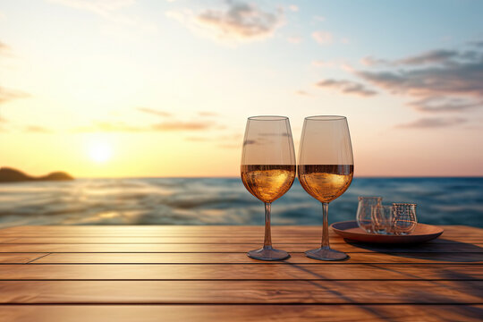 Close up of couple wine champagne glasses and bottle for celebration on wooden table with sea view and sunset sky background, chilling day, romantic dating, with Generative Ai.