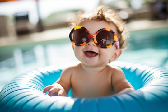 The child swims in the pool with an inflatable circle. Background with selective focus. AI generated, human enhanced