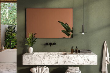 Modern bathroom setup with soap dispensers, towels, plant, black-framed mirror, pendant light and green walls, close up. Ideal for showcasing your products on a stylish marble basin. 3d rendering