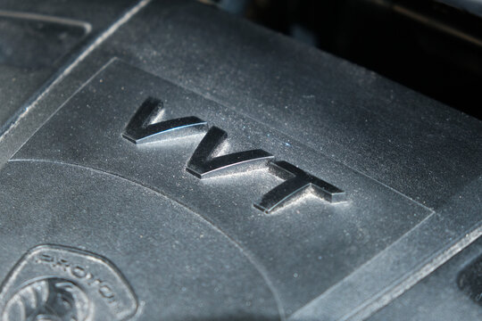 "Klang, Malaysia- July 2nd, 2023: Selective focus picture of Proton engine cover with VVT word. VVT is variable valve timing for car system"