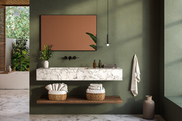Modern contemporary style bathroom with tropical style yard view 3d render,There are marble floor and green and orange wall decorated with marble basin counter and black framed mirror