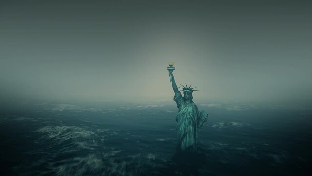 Rising sea level floods New York city. Statue of Liberty sinking underwater as the ocean rises due to global warming