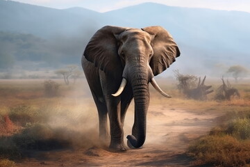 Fototapeta na wymiar elephant walking with nice landscape