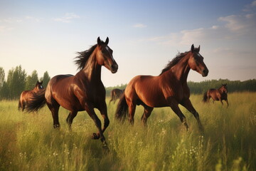Fototapeta premium horses running on green meadow with nice landscape
