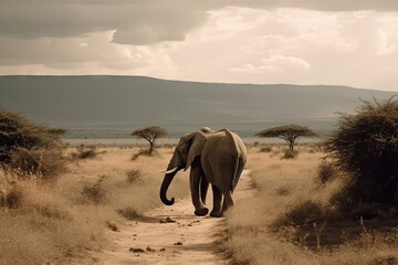 elephant walking with nice landscape