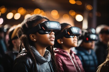 Many multicultural, multiracial schoolchildren using virtual reality headsets at the classroom