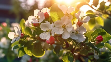 Obraz premium The pink apple blossoms have bloomed in spring under the evening sun. Blooming apple trees. Pear blossoms or sakura or cherries. Beautiful pink flowers in the evening light sunset