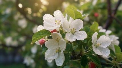 The pink apple blossoms have bloomed in spring under the evening sun. Blooming apple trees. Pear blossoms or sakura or cherries. Beautiful pink flowers in the evening light sunset