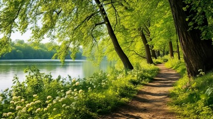 strypa forest lake and green blooming trees morning scene adorable view
