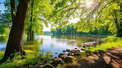 Fototapeta na wymiar strypa forest lake and green blooming trees morning scene adorable view