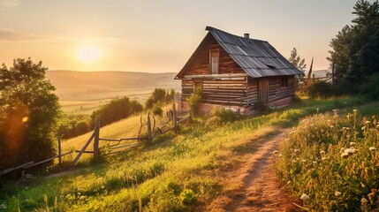 Beautiful countryside landscape with forested hills and haystacks on a grassy rural field in mountains rogojel village