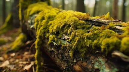 macro yellow moss on cortex tree in nature beautiful scene of spring