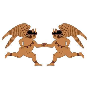 Symmetrical design with two running baby Cupids. Funny winged ancient Greek god of love Amur. Vase painting style. Isolated vector illustration.
