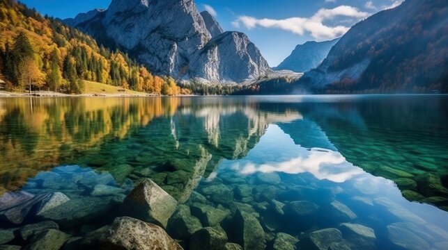Autumn Scene near a lake and mountains landscape
