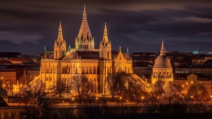 Fototapeta na wymiar Hungary. Budapest. Parliament view through Fishermans at night Bastion.