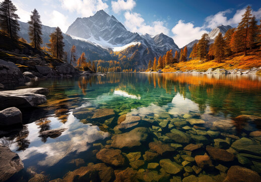 Beautiful autumn mountain nature lake with blue sky. High quality photo