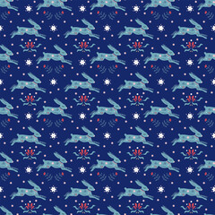 Pattern with a running hare. Floral ornament. Ethnic folk style. Ornamental plants from leaves and berries. Vector. For fabric, clothes, home decor, covers and brochures.