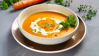 Curried carrot soup with cream and fresh herbs