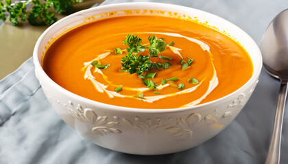Curried carrot soup with cream and fresh herbs