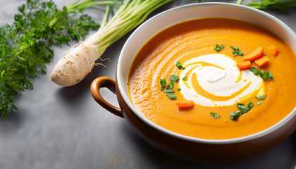 Curried carrot soup with cream and fresh herbs