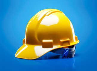 Fototapeta premium Construction job safety helmet on a blue background. 