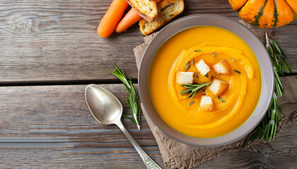 Pumpkin and carrot Cream soup on rustic wooden table. Autumn Pumpkin cream-soup with rosemary herb...