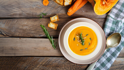 Pumpkin and carrot Cream soup on rustic wooden table. Autumn Pumpkin cream-soup with rosemary herb and croutons. Top view. Copy space. - obrazy, fototapety, plakaty
