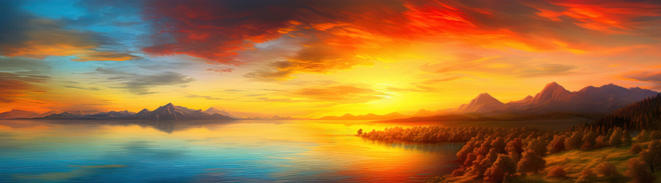 Sunset panorama, horizontal banner, landscape, background, generative ai