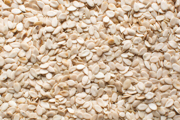 Top view of nigerian egusi seeds, shelled melon seeds on a tray, nigerian melon seeds, pumpkin seeds for cooking