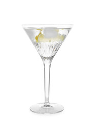 Martini glass of refreshing cocktail with lemon and ice cubes isolated on white